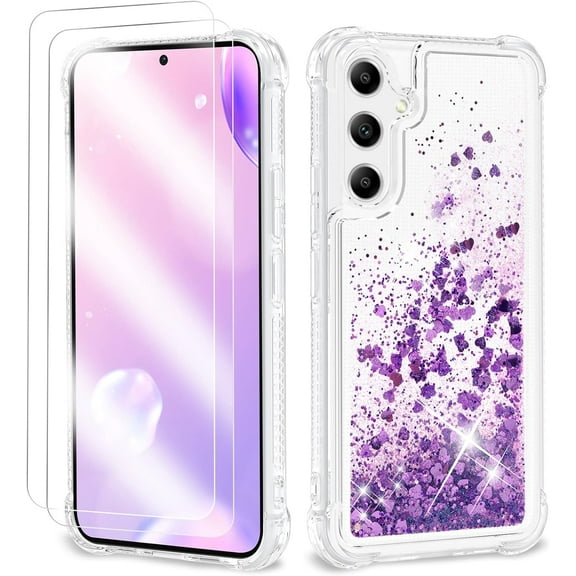 for Samsung Galaxy A14 Case, Shockproof Clear TPU Liquid Glitter Case for Galaxy A14 Case with 2 Screen Protectors, Bling Purple Glitters Case for Samsung A14 Case for Women