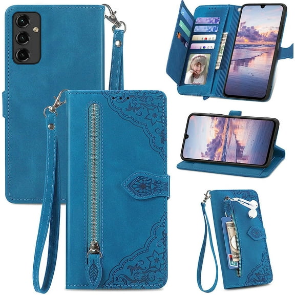 for Samsung Galaxy A14 Case Wallet,A14 Wallet Case for Women,Embossed PU Leather Protective Cover Magnetic Strap Zipper Card Holder Flip Phone Case for Samsung A14 5G(2023) (Blue)