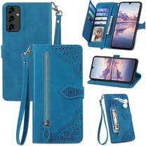 for Samsung Galaxy A14 Case Wallet,A14 Wallet Case for Women,Embossed PU Leather Protective Cover Magnetic Strap Zipper Card Holder Flip Phone Case for Samsung A14 5G(2023) (Blue)