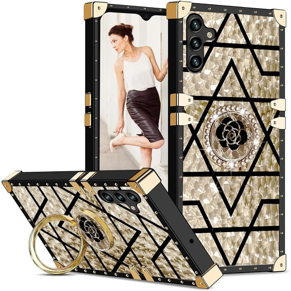 for Samsung Galaxy A14 Case for Women,Rivet Metal Corner Design Phone Case Cover with Bling Diamond Ring Suitable for Samsung Galaxy A14 4G/ 5G 6.6" BF-Gold