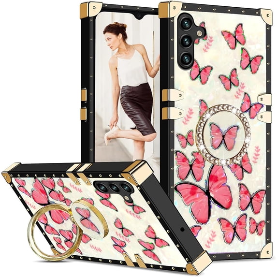 for Samsung Galaxy A14 Case for Women,Rivet Metal Corner Design Phone Case Cover with Bling Diamond Ring Suitable for Samsung Galaxy A14 4G/ 5G 6.6" BF-Pink Butterfly