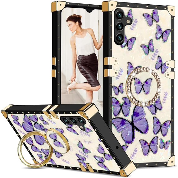 for Samsung Galaxy A14 Case for Women,Rivet Metal Corner Design Phone Case Cover with Bling Diamond Ring Suitable for Samsung Galaxy A14 4G/ 5G 6.6" BF-Purple Butterfly