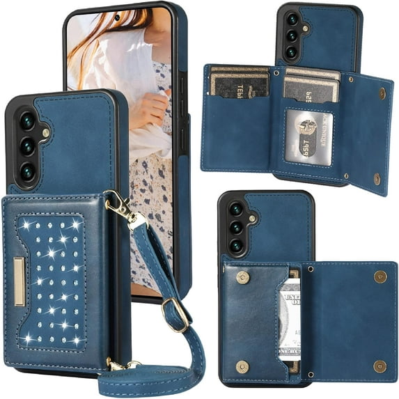 for Samsung Galaxy A14 Crossbody Wallet Case for Women, Bling Glitter PU Leather Phone Case with RFID Blocking Card Holder Cover for Samsung Galaxy A14 4G/ 5G SZ Blue