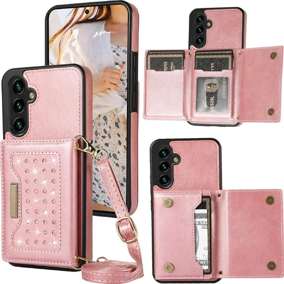 for Samsung Galaxy A14 Crossbody Wallet Case for Women, Bling Glitter PU Leather Phone Case with RFID Blocking Card Holder Cover for Samsung Galaxy A14 4G/ 5G SZ Rose Gold
