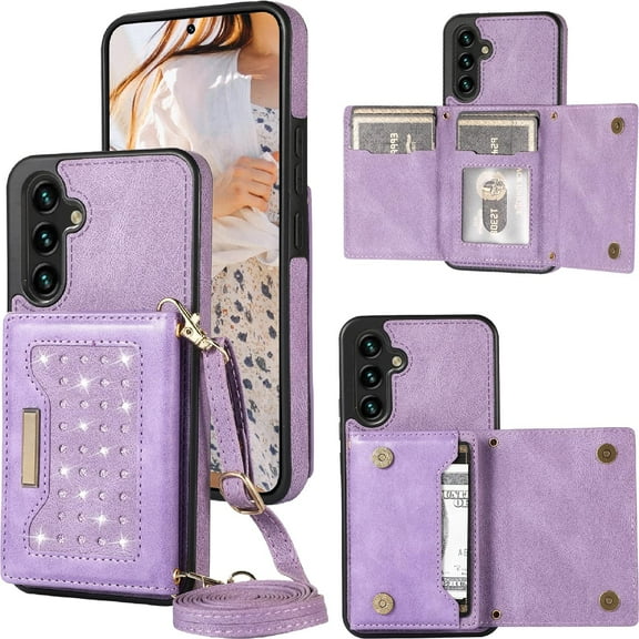for Samsung Galaxy A14 Crossbody Wallet Case for Women, Bling Glitter PU Leather Phone Case with RFID Blocking Card Holder Cover for Samsung Galaxy A14 4G/ 5G SZ Purple