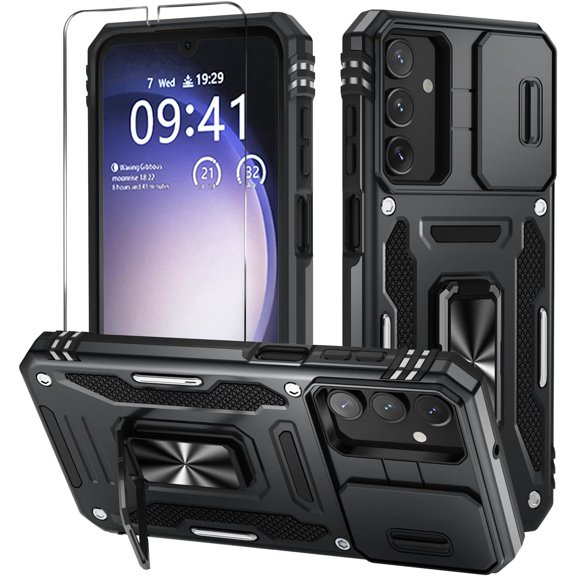 for Samsung Galaxy A15 4G LTE/5G Case with Slide Camera Cover and Screen Protector, Military Grade Protection [Rotated Ring Kickstand] Heavy Duty Shockproof Protective Case -Black