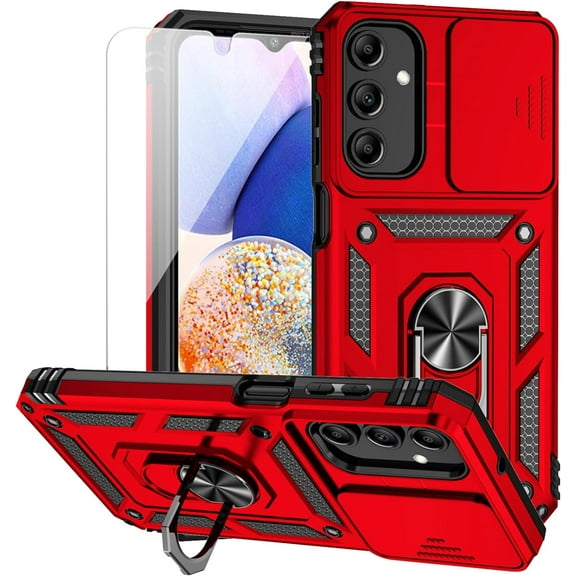 for Samsung Galaxy A15 5G Case with Camera Lens Cover HD Screen Protector, Dual Layer -Grade Drop Tested  Ring Holder Kickstand Protective Phone Case for Samsung Galaxy A15 5G (Red)