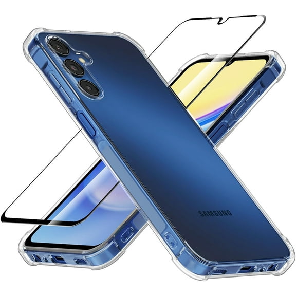 for Samsung Galaxy A15 5G Case + Screen Protector Tempered Glass, Clear Phone Case with Reinforced Corner Bumper Shockproof Flexible TPU Silicone Cover for Galaxy A15 5G - Transparent