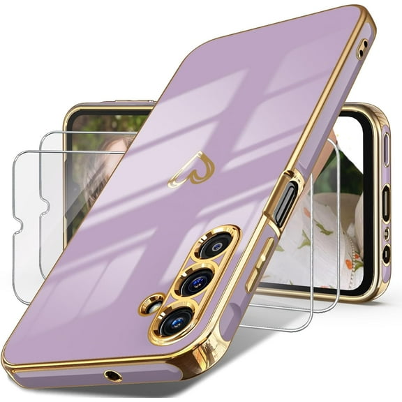 for Samsung Galaxy A15 5G Case with Tempered Glass Screen Protector, Girl Women Cute Girly Love-Heart Luxury Gold Soft Camera Protection Bumper Shockproof Phone Case for Galaxy A15 (Purple)