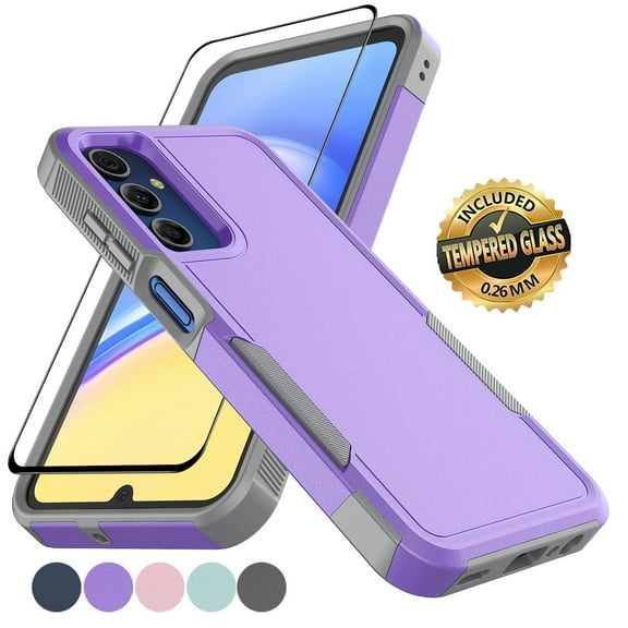 Samsung Galaxy A15 5G Case with Tempered Glass Screen Protector, Tekcoo Heavy Duty Rugged Shockproof Full Body Protective 2-IN-1 Phone Case Cover for Galaxy A15 5G, Purple
