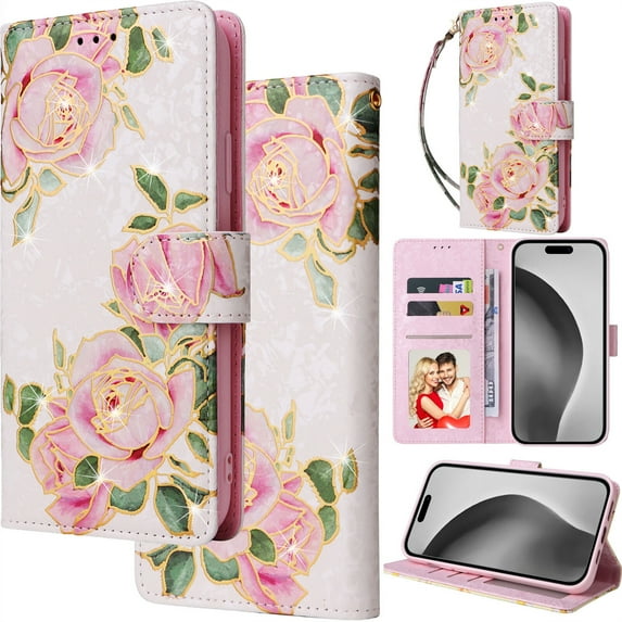 for Samsung Galaxy A15 (5G) Leather Phone Case Wallet Gilding Bronzing Rose Flower Butterfly Folio Flip Cover Kickstand, RFID Blocking Card Holder Cash Slot, Magnetic Clasp, Wrist Strap