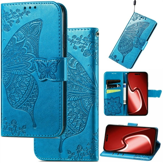 for Samsung Galaxy A15 (5G) Leather Wallet Phone Case, Butterfly Flower Relief Folio Flip Cover, Floral Card Holder Cash Slot, Magnetic Clasp, Stand Support, Wrist Strap Lanyard