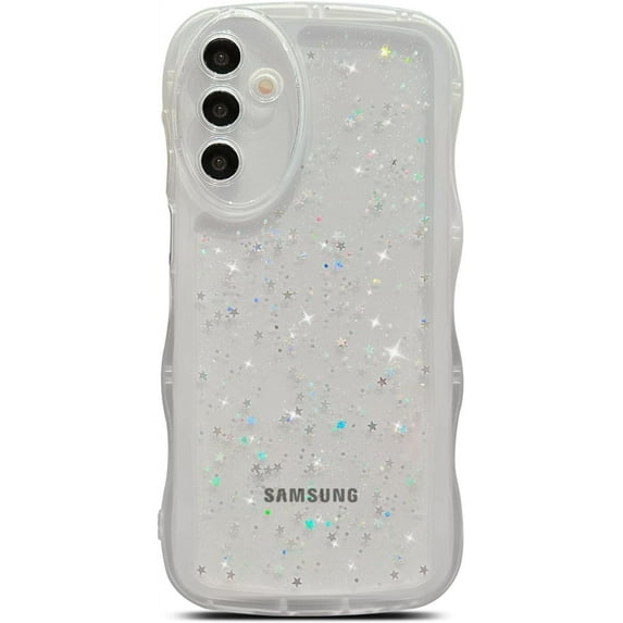 for Samsung Galaxy A15 5G Phone Case 6.5", Glitter Clear Bling Star Transparent Matte Cute Curly Wave Frame Camera Lens Cover Protection Shockproof Protective Bumper for Women (White)