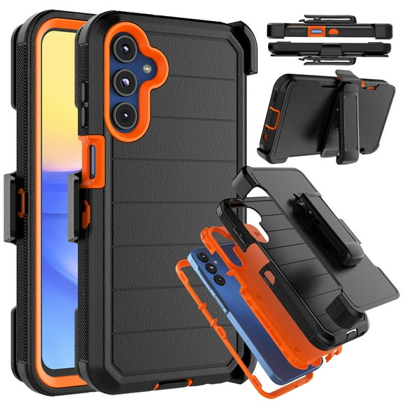 For Samsung Galaxy A15 5G Phone Case, Ebizware Shockproof Case with Built-in Screen Protector and Holster Belt Clip Military Grade Heavy Duty Kickstand Cover for Galaxy A15 5G - Black/Orange