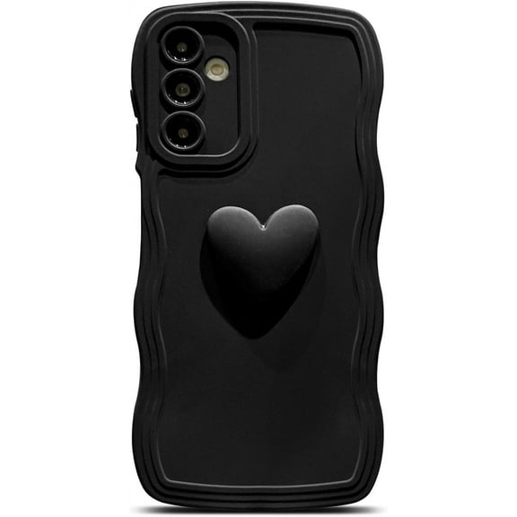 for Samsung Galaxy A15 5G Phone Case for Women, Cute Kawaii 3D Love Heart Solid Color Curly Wavy Camera Lens Cover Shockproof Soft Silicone Phone Cover 6.5 inch (Black)