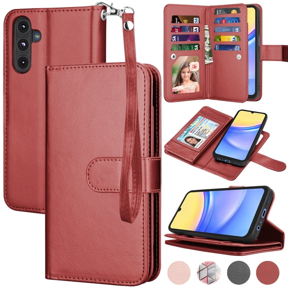 For Samsung Galaxy A15 5G Wallet Case, Ebizware Galaxy A15 5G Magnetic PU Leather Wallet Phone Case with Credit Card Slots Holder and Kickstand Folio Flip Detachable Cover with Wrist Strap - Wine Red