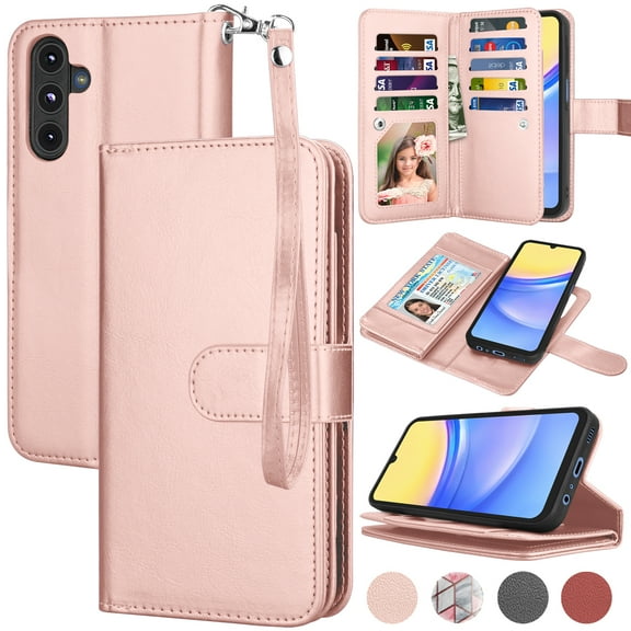 For Samsung Galaxy A15 5G Wallet Case, Ebizware Galaxy A15 5G Magnetic PU Leather Wallet Phone Case with Credit Card Slots Holder and Kickstand Folio Flip Detachable Cover with Wrist Strap - Rose Gold