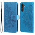 thumbnail image 1 of For Samsung Galaxy A15 6.5" Seven Petal Flower Embossed Strong Magnetic Attachment/Closure, Card Slots/Pocket, PU Leather Flip Wallet Case With Hanging Rope,Blue,For Galaxy A15 (4G/5G), 1 of 7