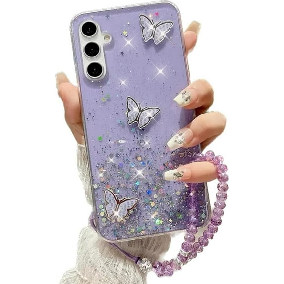 for Samsung Galaxy A15 Bling Case with Lanyard, Cute 3D Butterfly Glitter Soft TPU Phone Cover for Woman Girls Sparkle Shiny Slim Thin TPU + Crystal Wrist Strap for Galaxy A15 (Purple)