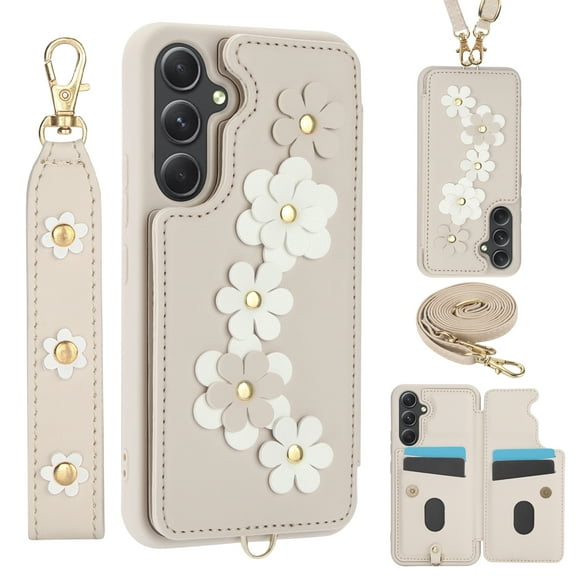 for Samsung Galaxy A15 Card Slots Back Case with Magnetic Snap Shoulder Strap & Wrist Strap Kickstand, 3D Flower Decoration for Girls Elegant Phone Case Cover for Samsung Galaxy A15, White