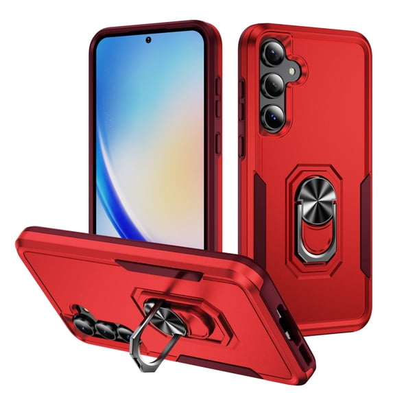 for Samsung Galaxy A15 Case, Slim Fit Military Grade Shockproof Case with 360 Rotating Ring Holder Kickstand Support Car Mount Magnetic Rugged PC Protective Phone Case,Rose+Red