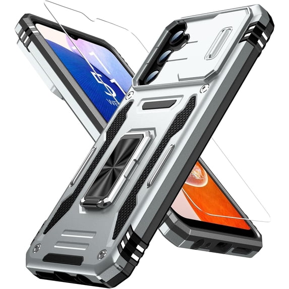for Samsung Galaxy A15 Case with Upgraded Sliding Camera Lens Cover and Strong Kickstand - -Grade Shockproof Protective Phone Case for Men Women Girls - Grey