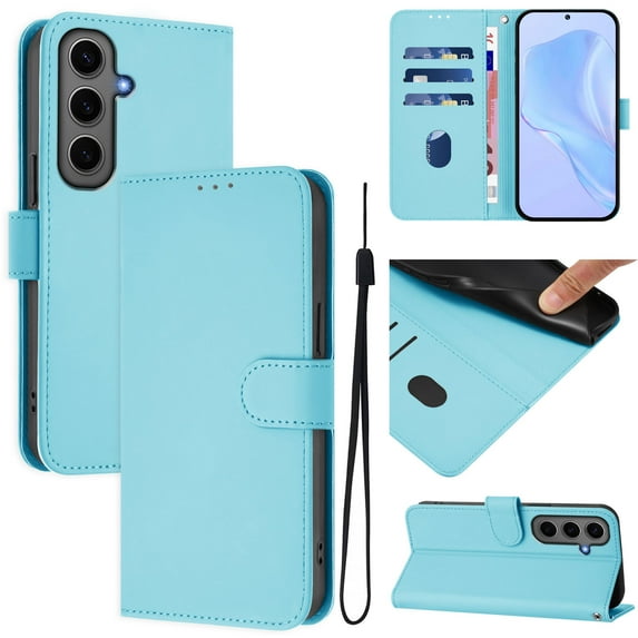 for Samsung Galaxy A15 Case Wallet with Card Holder,PU Leather Anti-fall Thin Fit Phone case for Women Men,Kickstand,flip Shockproof Cover with Credit Card Slots and Wrist Strap,Skyblue