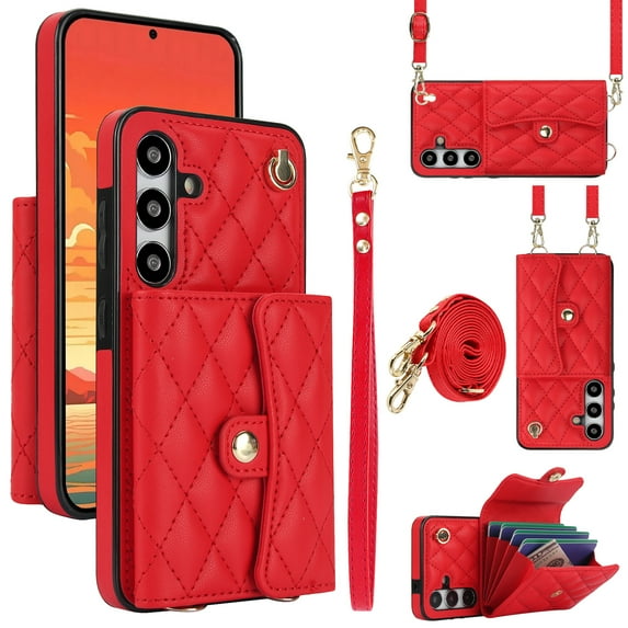 for Samsung Galaxy A15 Case, Wallet Phone PU Leather Case with Card Holder Crossbody Cover for Women Girls Strap Wristlet RFID Blocking Shockproof Protective Cover for Samsung A15, Red