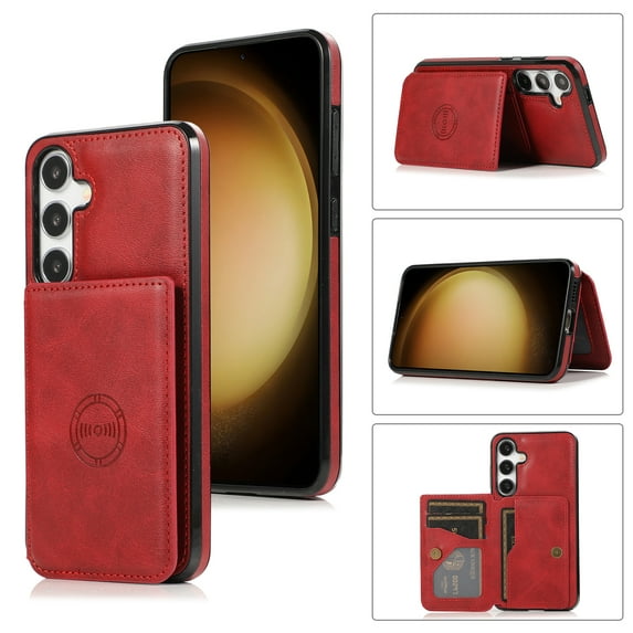 for Samsung Galaxy A15, Classic PU Leather Case with Magnetic Clasp Card Slots Stand Function Durable Shockproof Soft TPU Phone Case Back Cover with Car Magnetic for A15, Red