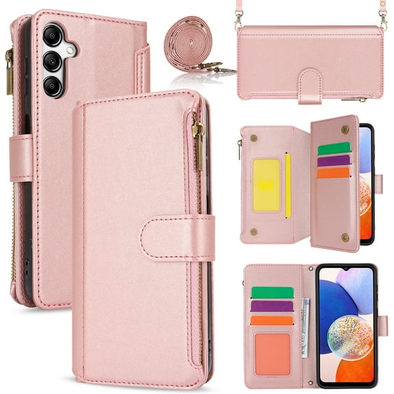 for Samsung Galaxy A15 Crossbody Case, RFID Blocking for Galaxy A15 Case Wallet with Card Holder, Fashion PU Leather Magnetic Flip Zipper Wrist Strap Lanyard Phone Case, Rosegold