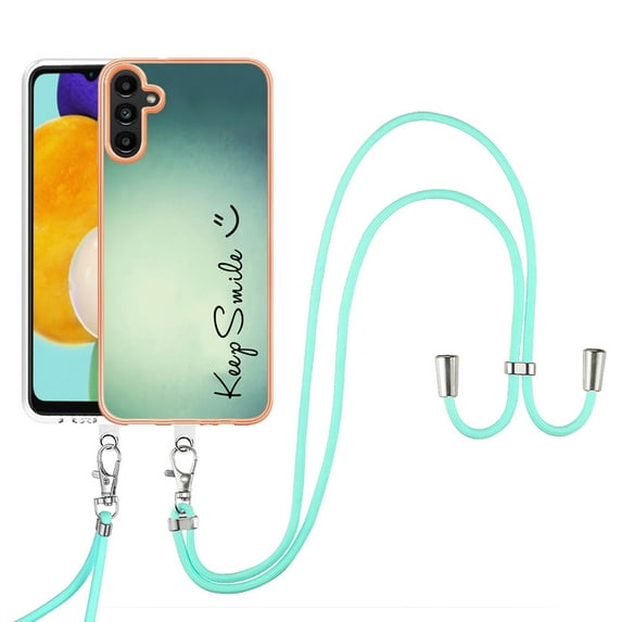 for Samsung Galaxy A15 Crossbody Strap Phone Case, Anti-Fall Pattern Clear Design Transparent Soft & Flexible TPU Drop and Shockproof Protective Cover with Adjustable Nylon Neck Strap, Keep Smile