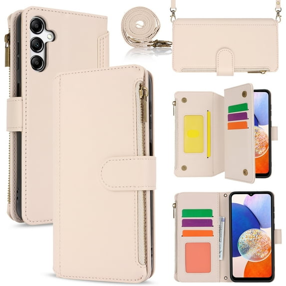 for Samsung Galaxy A15 Crossbody Wallet Case, RFID Blocking Case Wallet with Card Slots, Fashion PU Leather Magnetic Clasp Zipper Wrist Strap Phone Cover for Samsung Galaxy A15, White