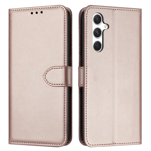 for Samsung Galaxy A15 Flip Wallet Case — Premium PU Leather TPU Protective Cover with Credit Card Slots Cash Slot Magnetic Anti-Scratch Shock-Absorbent Kickstand Wrist Strap Phone Case, Rosegold