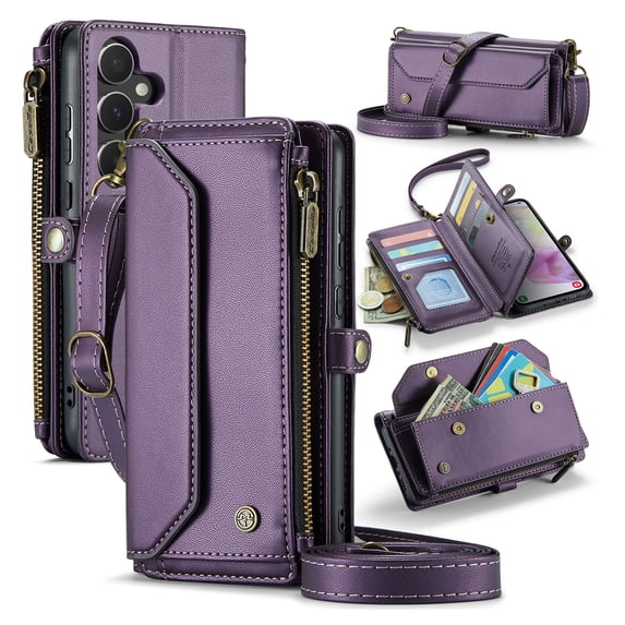 for Samsung Galaxy A15 Full Body Protection Wallet Folio Flip Case, Shoulder Strap & Wristlet Card Slots Zipper Pocket RFID Blocking Rugged Durable PU Leather Phone Case Cover, Purple