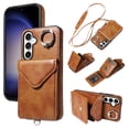 thumbnail image 1 of for Samsung Galaxy A15 PU Leather Back + TPU Frame Rugged Case, Classic 360 Rotating Ring Kickstand Card Slots Shoulder Strap Drop Protective Slim Fit Shockproof Phone Case Cover, Brown, 1 of 12