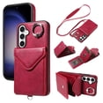 thumbnail image 1 of for Samsung Galaxy A15 PU Leather Back + TPU Frame Rugged Case, Classic 360 Rotating Ring Kickstand Card Slots Shoulder Strap Drop Protective Slim Fit Shockproof Phone Case Cover, Red, 1 of 12