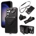 thumbnail image 1 of for Samsung Galaxy A15 PU Leather Back + TPU Frame Rugged Case, Classic 360 Rotating Ring Kickstand Card Slots Shoulder Strap Drop Protective Slim Fit Shockproof Phone Case Cover, Black, 1 of 12