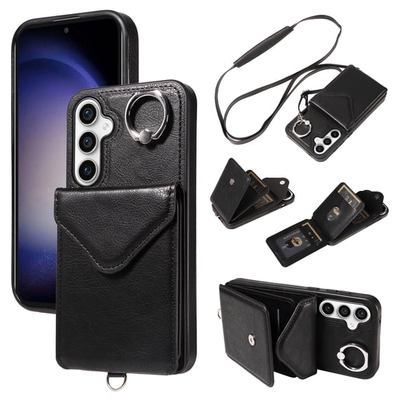 for Samsung Galaxy A15 PU Leather Back + TPU Frame Rugged Case, Classic 360 Rotating Ring Kickstand Card Slots Shoulder Strap Drop Protective Slim Fit Shockproof Phone Case Cover, Black