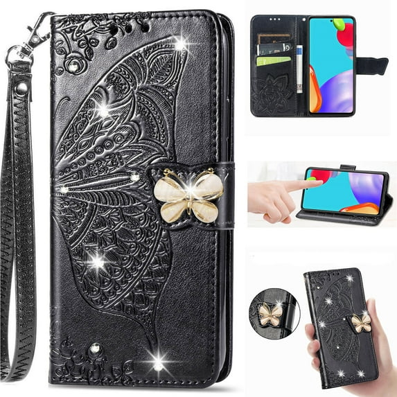 for Samsung Galaxy A15 Phone Case Wallet, Women Flip Folio Cover with Credit Card Holders Diamond Emboss Butterfly Flower PU Leather Purse Wrist Strap Kickstand Case for A15, Black