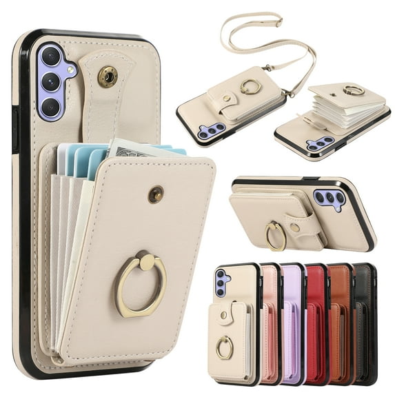 for Samsung Galaxy A15 Wallet Case with Card Holder, PU Leather Case with Ring Holder Kickstand, Snap Button Card Slots Case for Women Men for A15 with Crossbody Strap - Beige