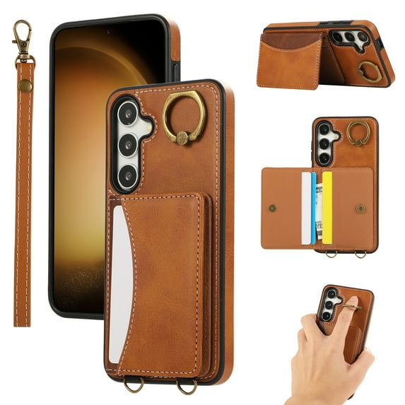 for Samsung Galaxy A15 Wallet Case with Card Holder - PU Leather Case for Women & Girls, Wrist Hand Strap, Secure Finger Ring, Shockproof Protective Phone Cover for Galaxy A15, Brown