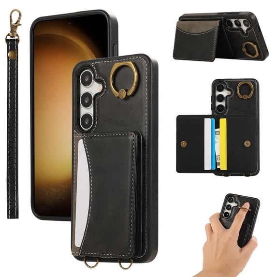 for Samsung Galaxy A15 Wallet Case with Card Slots, Hand Wrist Strap Rotate Ring Design, Finger Grip Ring PU Leather Magnetic Button Shockproof Purse Phone Cover for Galaxy A15, Black