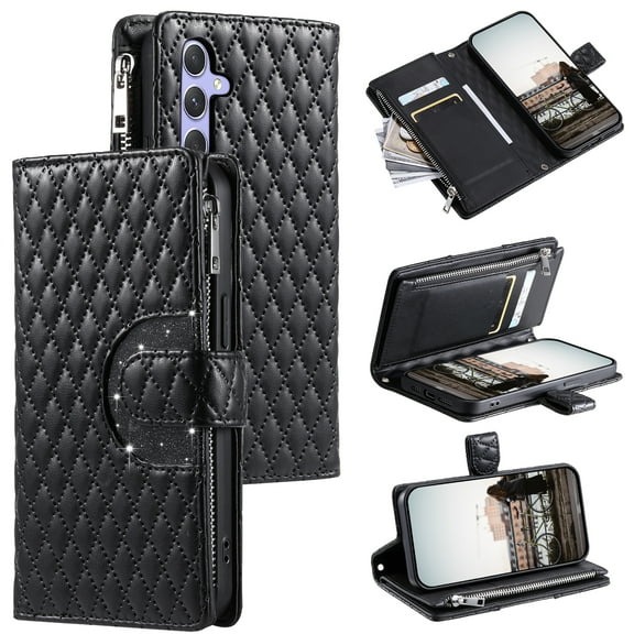 for Samsung Galaxy A15 Wallet Case, Classic PU Leather Phone Case for Women Men with Zipper Credit Card Holder Wrist Strap Crossbody Strap Shockproof Flip Case for A15, Black