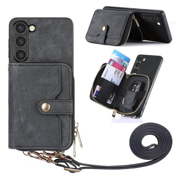 for Samsung Galaxy A15 Wallet Case, Crossbody Phone Purse with Card Holder for Women, Zipper PU Leather Carrying Cover Gift with Shoulder Strap Kickstand Anti-drop for A15 - Black