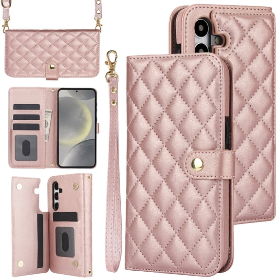 for Samsung Galaxy A15 Wallet Case with Lanyard + Crossbody Strap, Elegant PU Leather Kickstand Anti-drop Phone Case with 5 Card Slots + 1 Cash Pocket for Samsung Galaxy A15, Rosegold