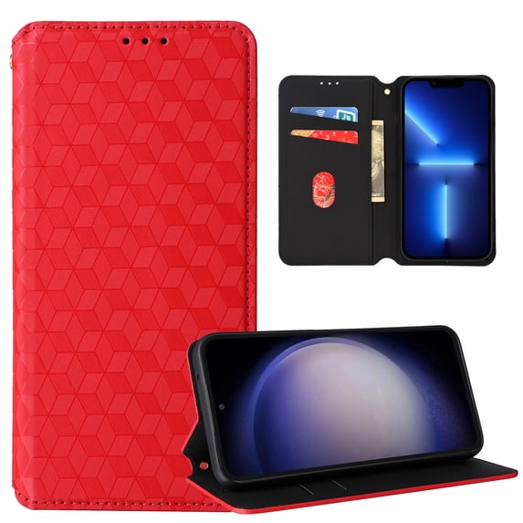 For Samsung Galaxy A15 Wallet Case with RFID Blocking ID Credit Card Holder, Luxury Diamond Patterned Shiny PU Leather Magnetic Folio Book Flip Kickstand Shockproof Phone Case, Red