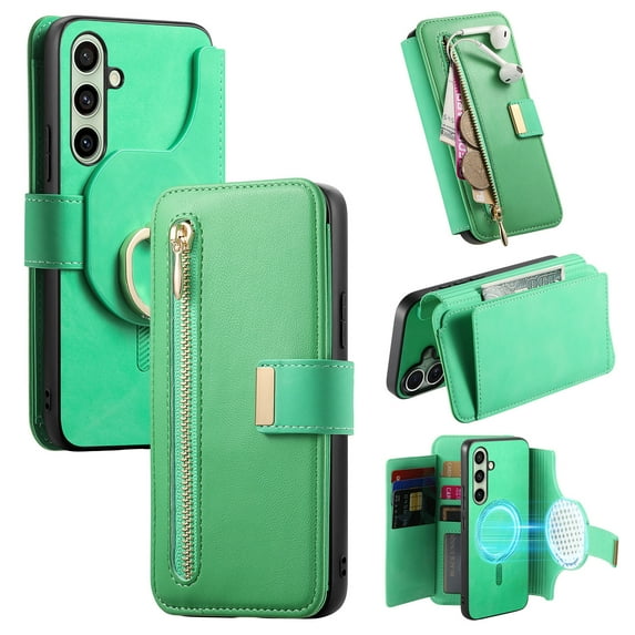 for Samsung Galaxy A16 4G/5G Detachable Wallet Case with Card Holder, 2 in 1 PU Leather Flip Folio Case with RFID Blocking Magnetic Stand Removable Shockproof Phone Cover with Ring Holder, Green