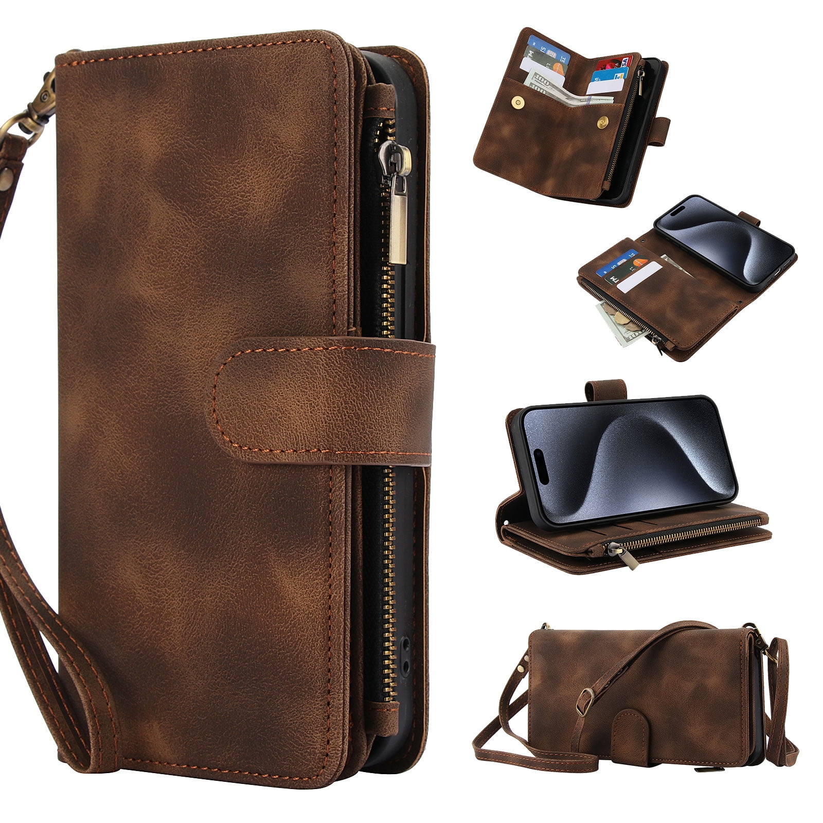 for Samsung Galaxy A16 4G/5G Wallet Case with Card Holder for Women Men, Phone Case RFID Blocking PU Leather Flip Shockproof Cover with Shoulder + Wrist Strap Zipper Credit Card Slots Stand, Brown