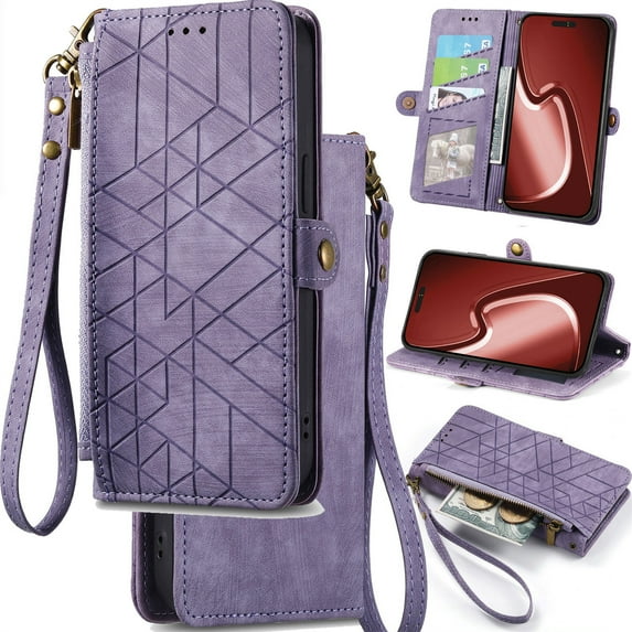 for Samsung Galaxy A16 (4G) Leather Wallet Zipper Pocket Pouch, Retro Brushed Striped Folio Flip Cover Kickstand, Card Holder Cash Slot, Magnetic Metal Button, Wrist Strap