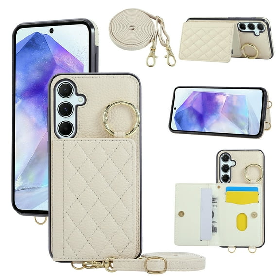 for Samsung Galaxy A16 5G/4G Adjustable Crossbody Strap Wallet Case with 4 Card Slots, PU Leather Back Cover, Stylish Kickstand Magnetic Shokcproof Heavy Duty Protection Girls Women, Beige